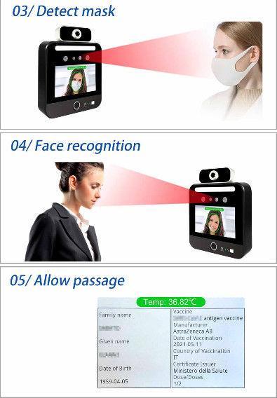 Lector facial del paso del verde del código de Qr del quiosco del escáner de la temperatura de la pantalla táctil de 5 pulgadas IPS