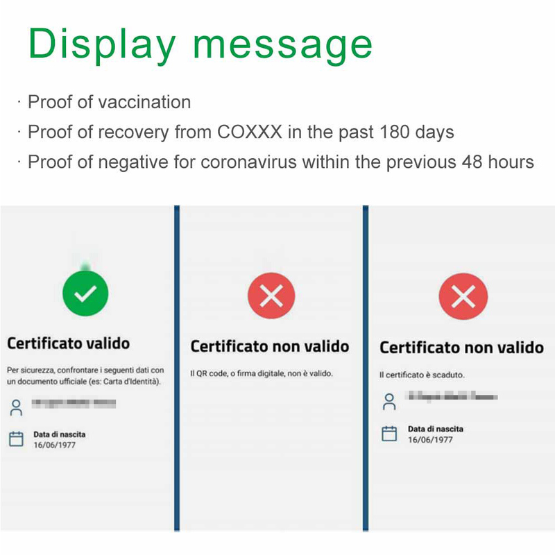 Escáner verde del paso de Italy Checked Green del lector de código de salud del Eu del pasaporte de COVID 19 Digitaces